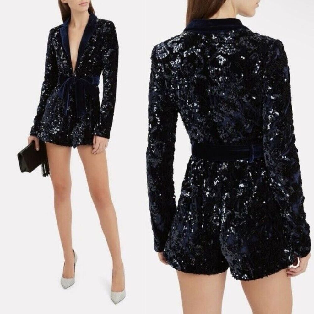 Alexis Pamina Sequin Belted Long Sleeve Romper in Navy Blue Size Small